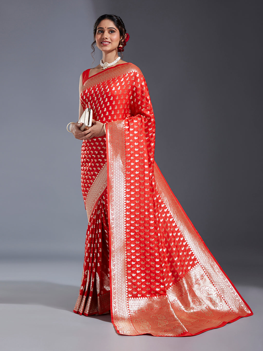 Women's Red & Gold Satin Paisley Zari With Beautiful Ethnic Motifs Banarasi Saree - Royal Dwells