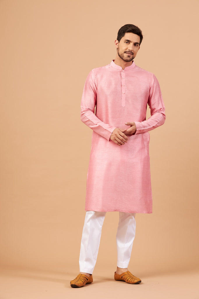 Men's Pink Color Plain Kurta Falling Raw Silk