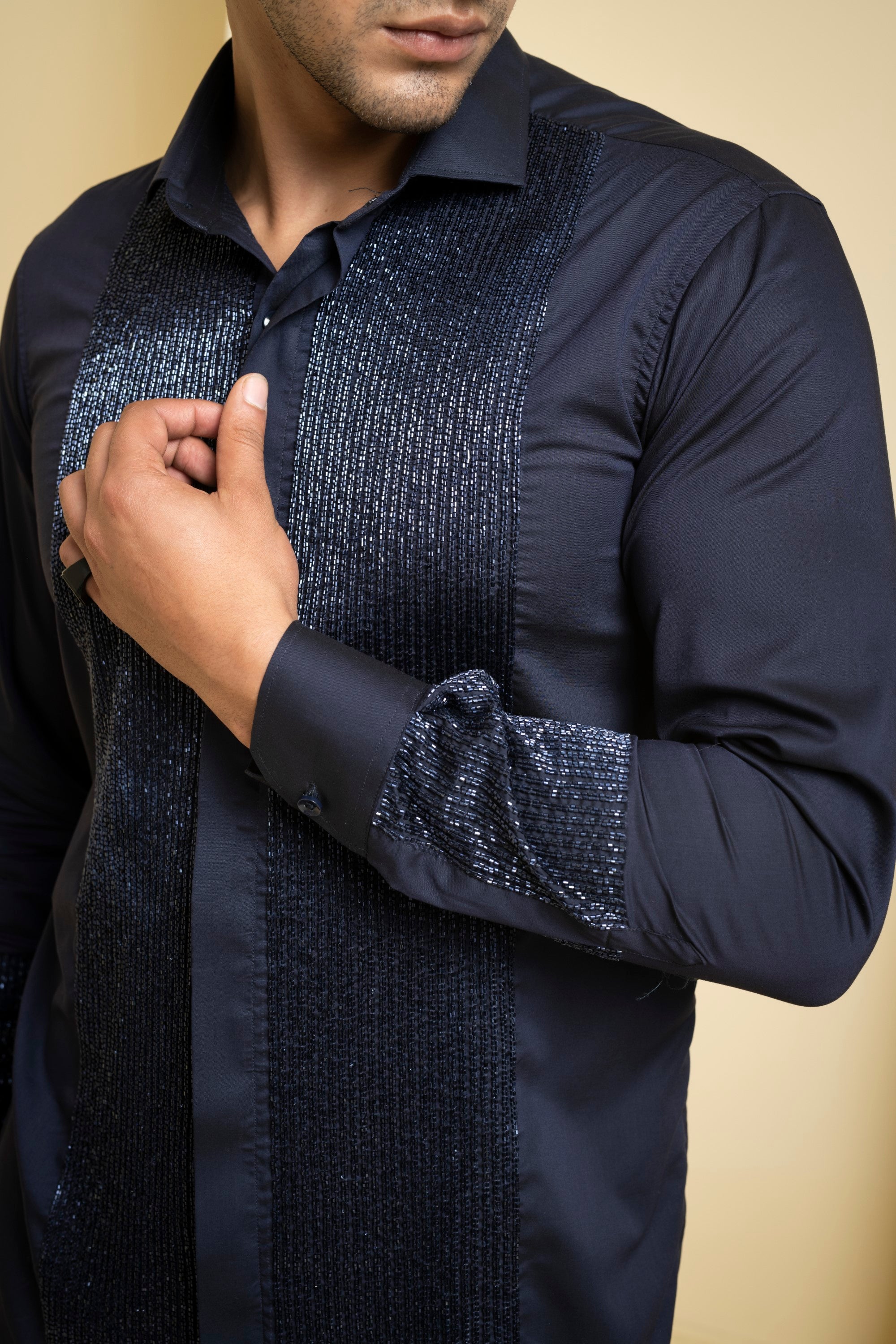Men's Navy Blue Color Metallic Full Sleeves Shirt - Hilo Design