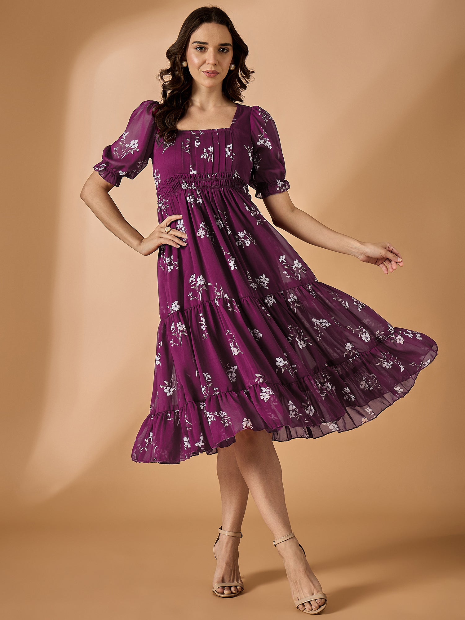Women's Maroon Georgette Fit And Flare Dress Women's Maroon Georgette Fit And Flare Dress