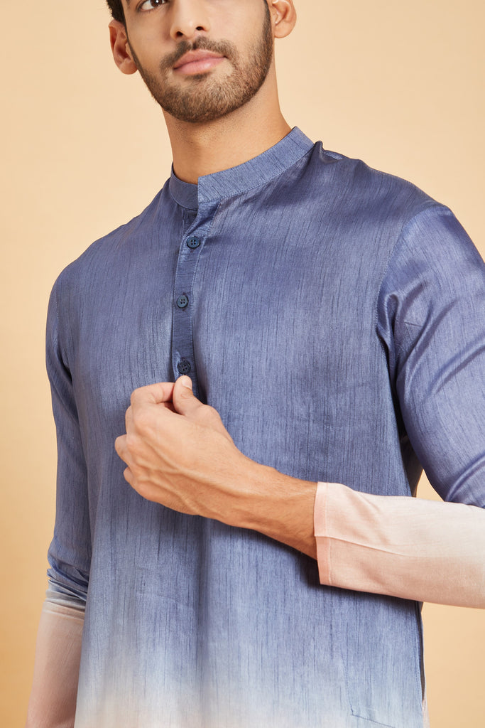 Men's Blue Color Waikawa Ombre Kurta Without Slit Silk