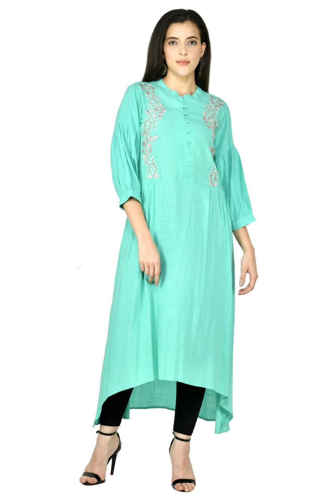Women's Sea Green Cotton Rayon Embroidery Kurta Set