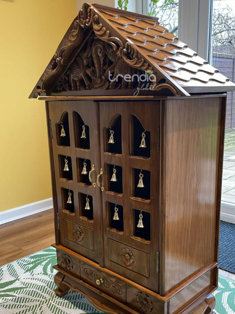 Hand-Carved Solid Teak Wood Temple with Bells