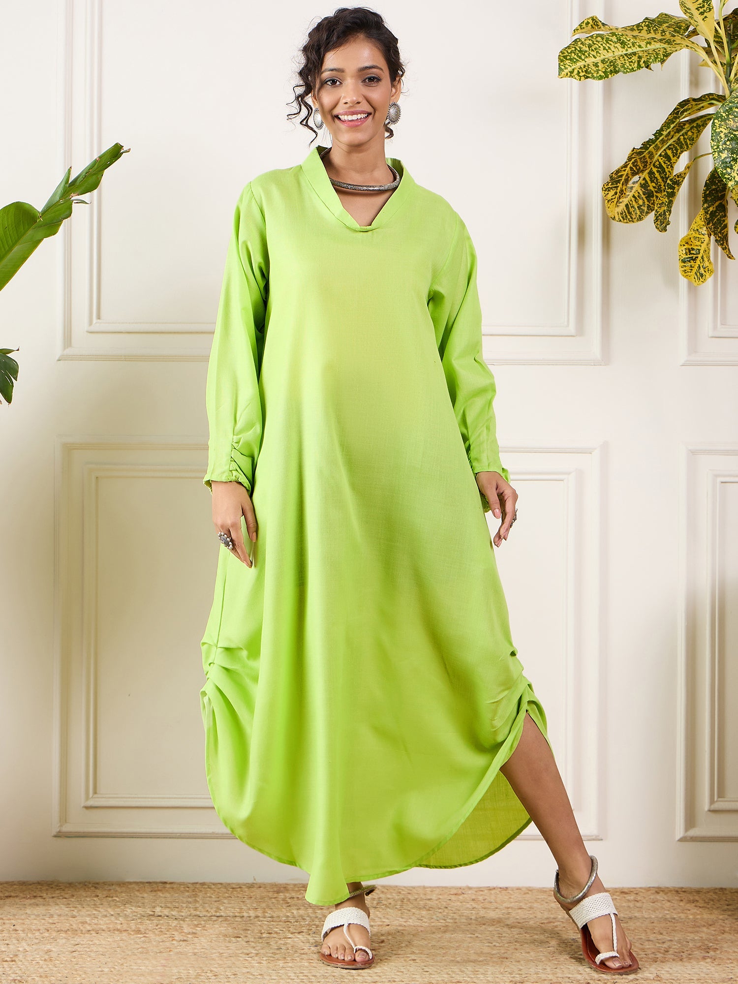 Women's Neon Green Shawl Neck Long Side Pleat Dress - InWeave