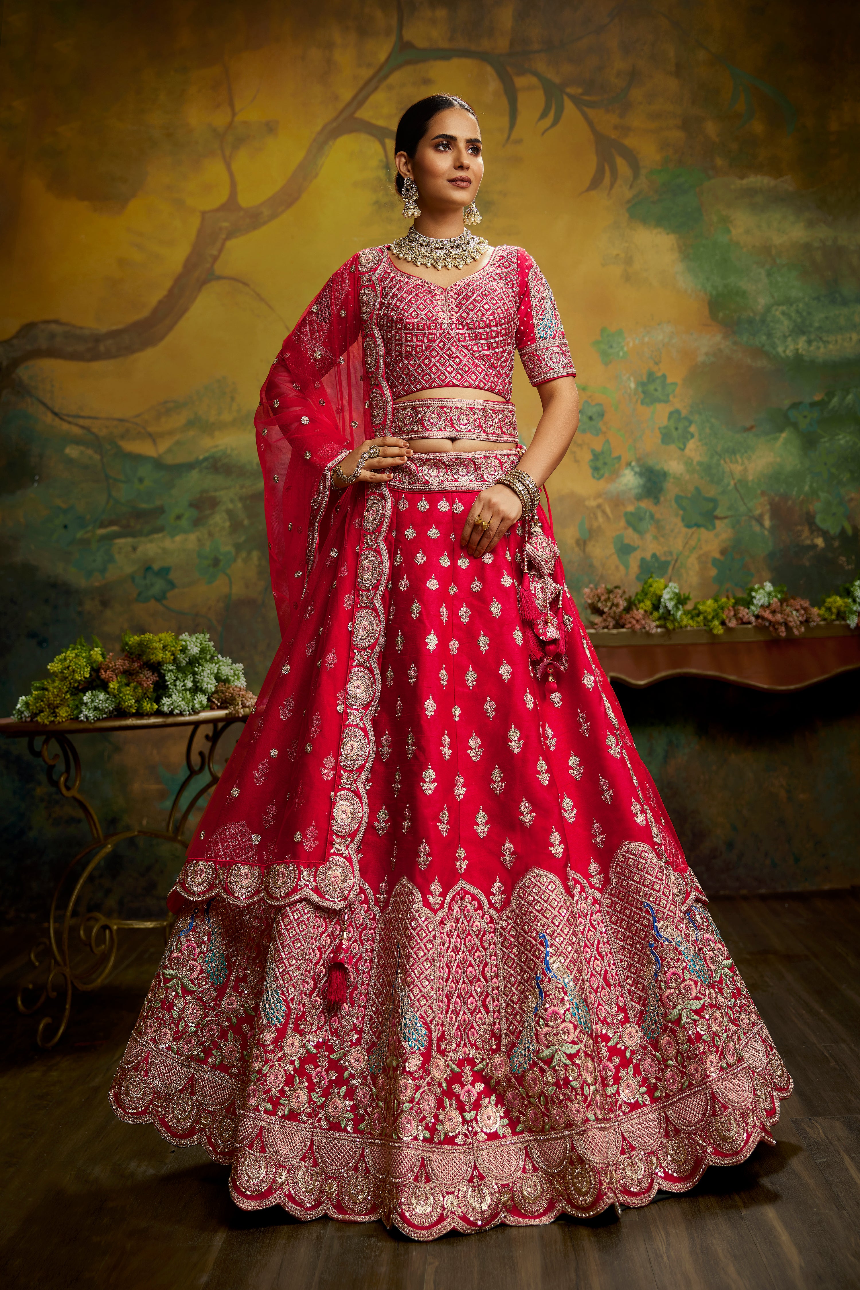 Royal Red Embroidered Designer Silk Bridal Lehenga Choli