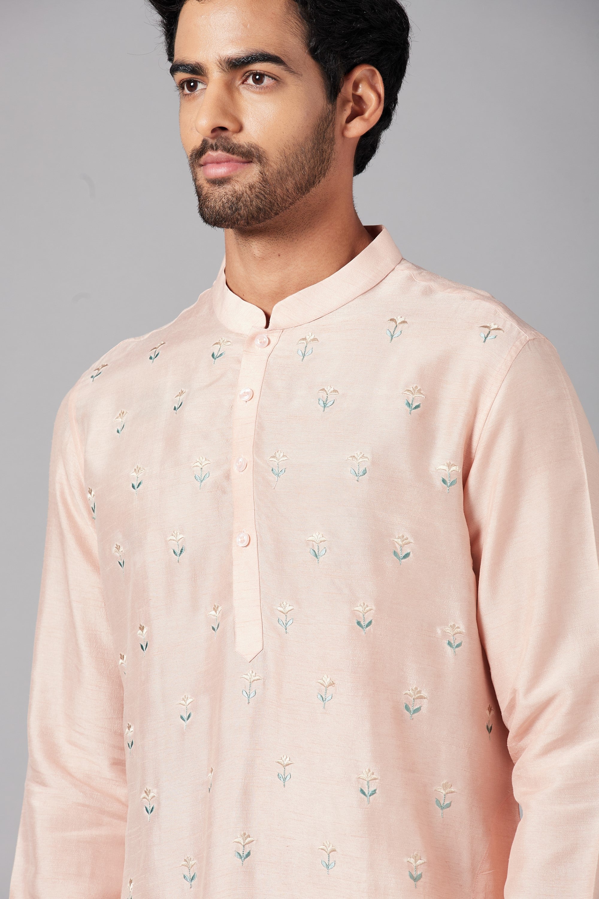 Men's Peach Color Moori Small Flower Motifs All Over Embroidered Kurta Semi Raw Silk Mix - Hilo Design