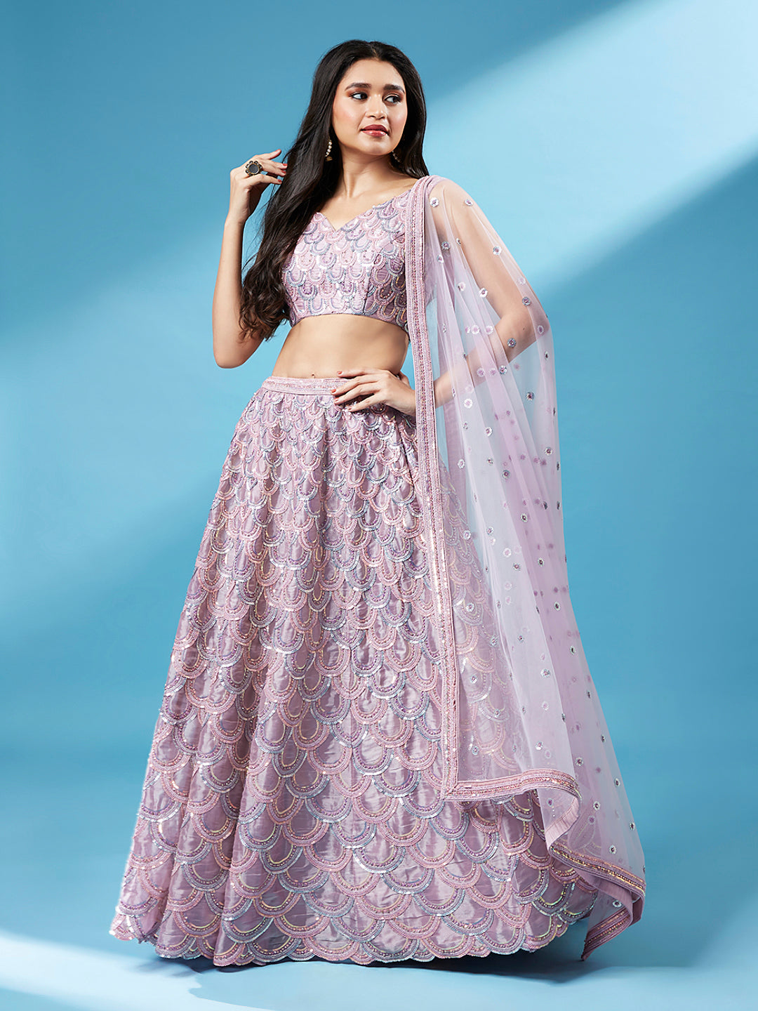 Women 's Lavender Organza Sequinse Work Ready to Wear Lehenga & stitched Blouse with Dupatta - Royal Dwells