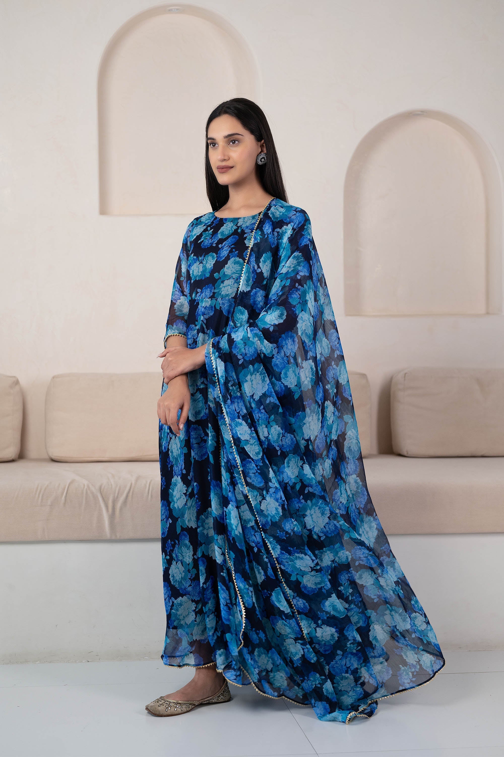 Blue Floral Printed Anarkali Suit Set By Final Clearance Sale