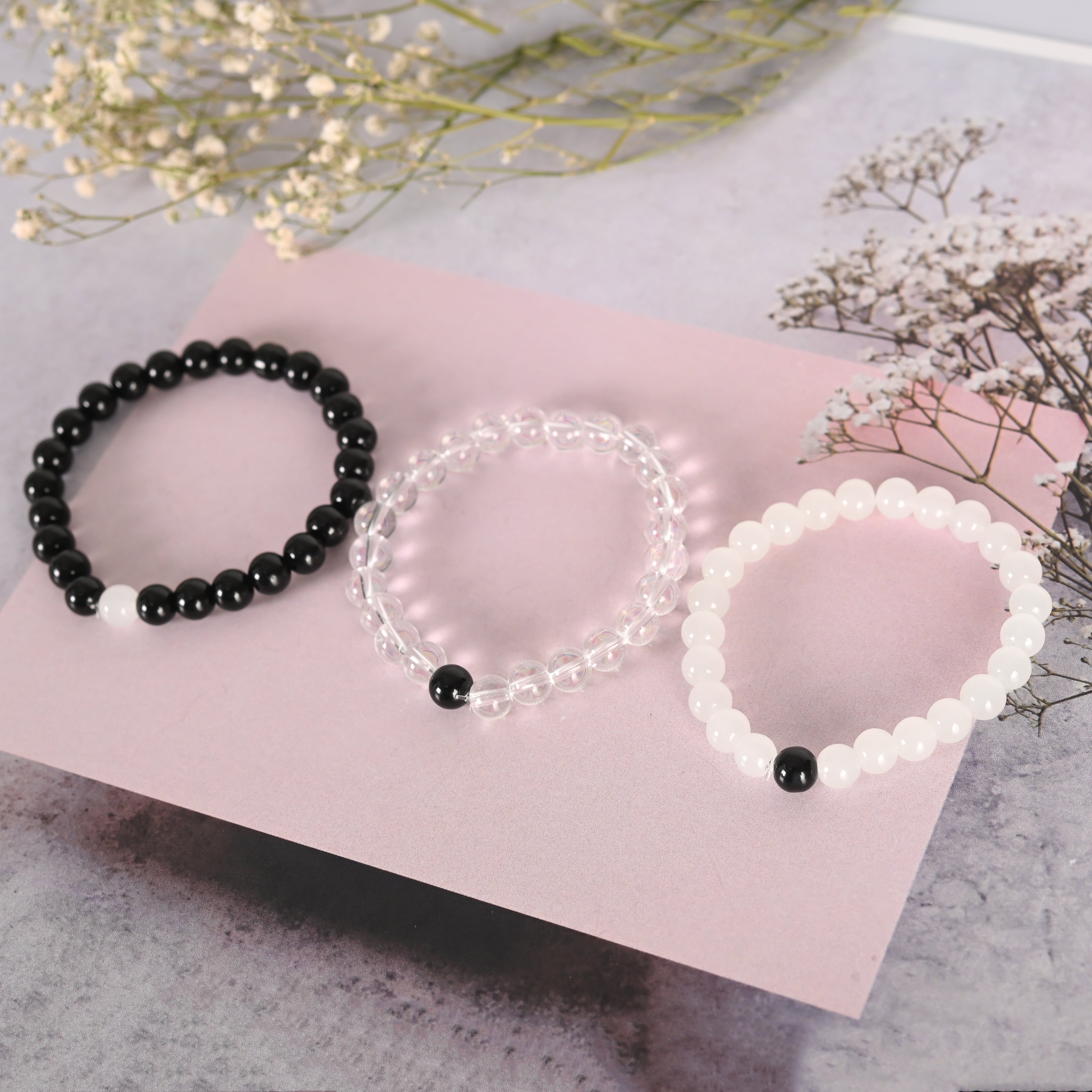 Unisex Transparent & White & Black Marbel Crystal Elasticated Bracelet