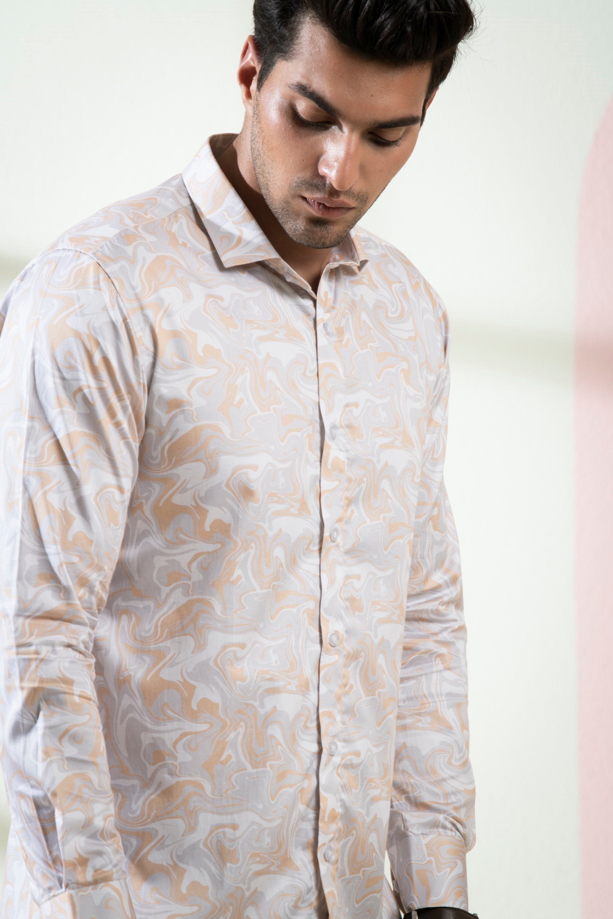 Men's Peach Color Marbleized Full Sleeves Shirt - Hilo Design