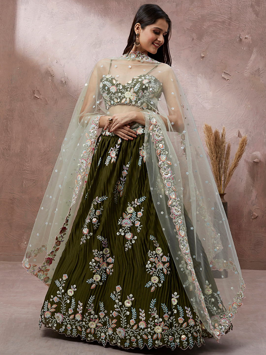 Women's Olive - Pure Georgette Thread & Sequins Work Ready To Wear Lehenga - Royal Dwells