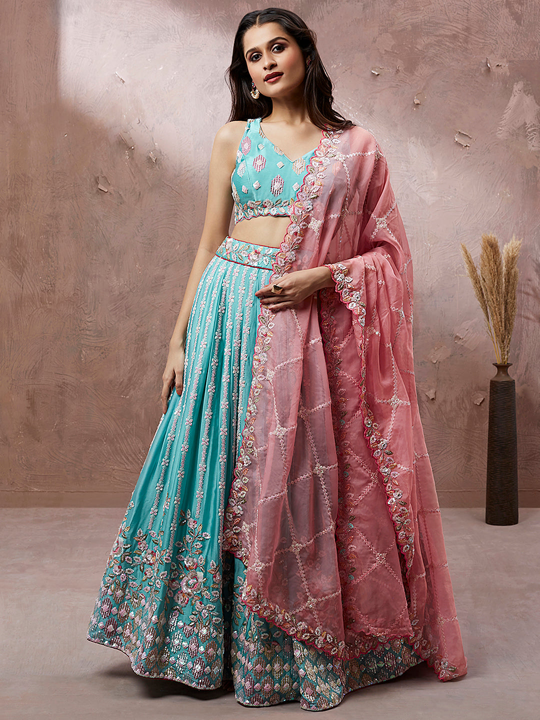 Women's Turquoise Blue Georgette Sequins And Thread Embroidery Ready To Wear  Lehenga Choli & Dupatta - Royal Dwells