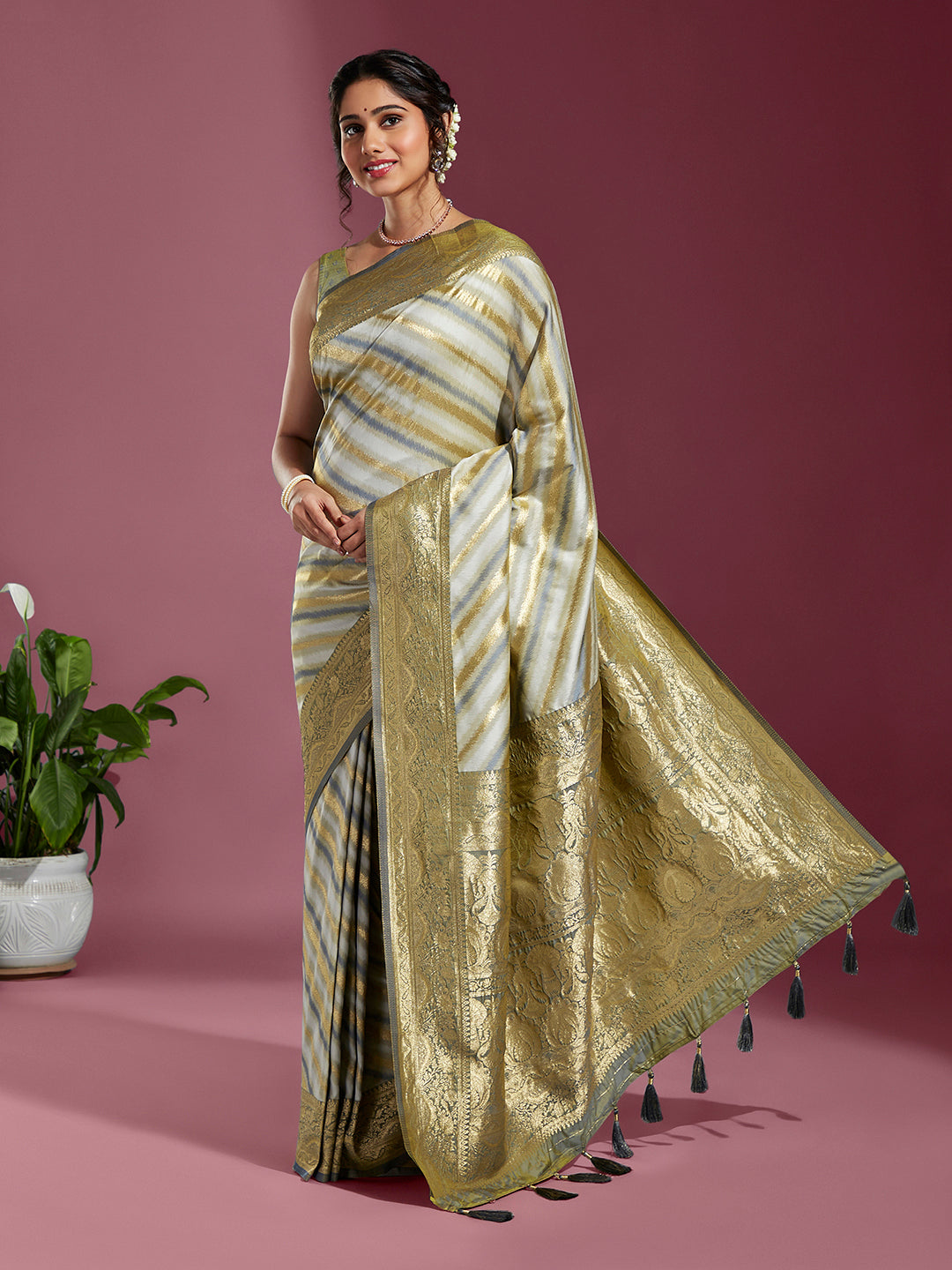 Women's Grey & Gold Satin Paisley Zari With Beautiful Leheriya Banarasi Saree - Royal Dwells