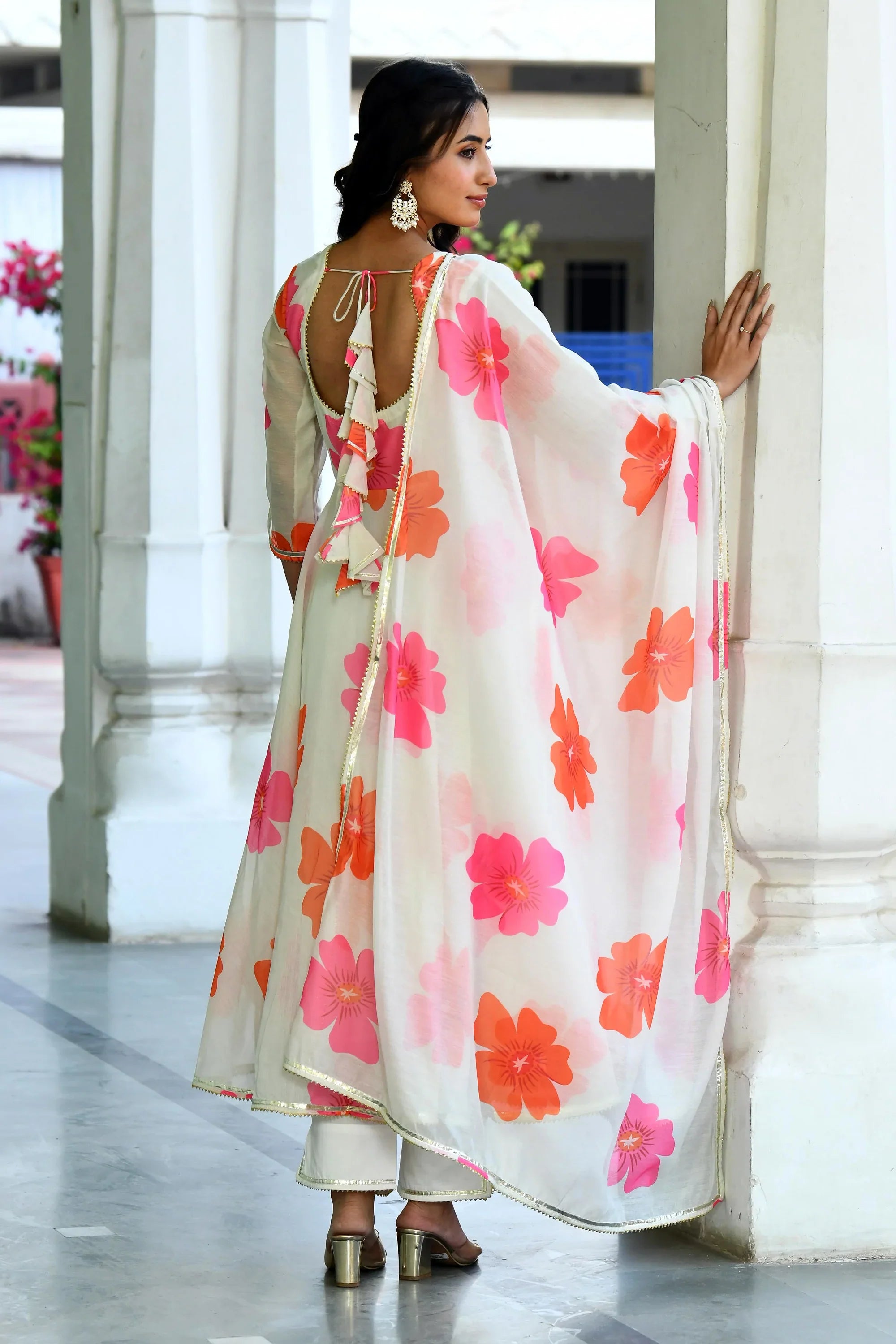 Women's Floral Print White Anarkali Suit - Saras The