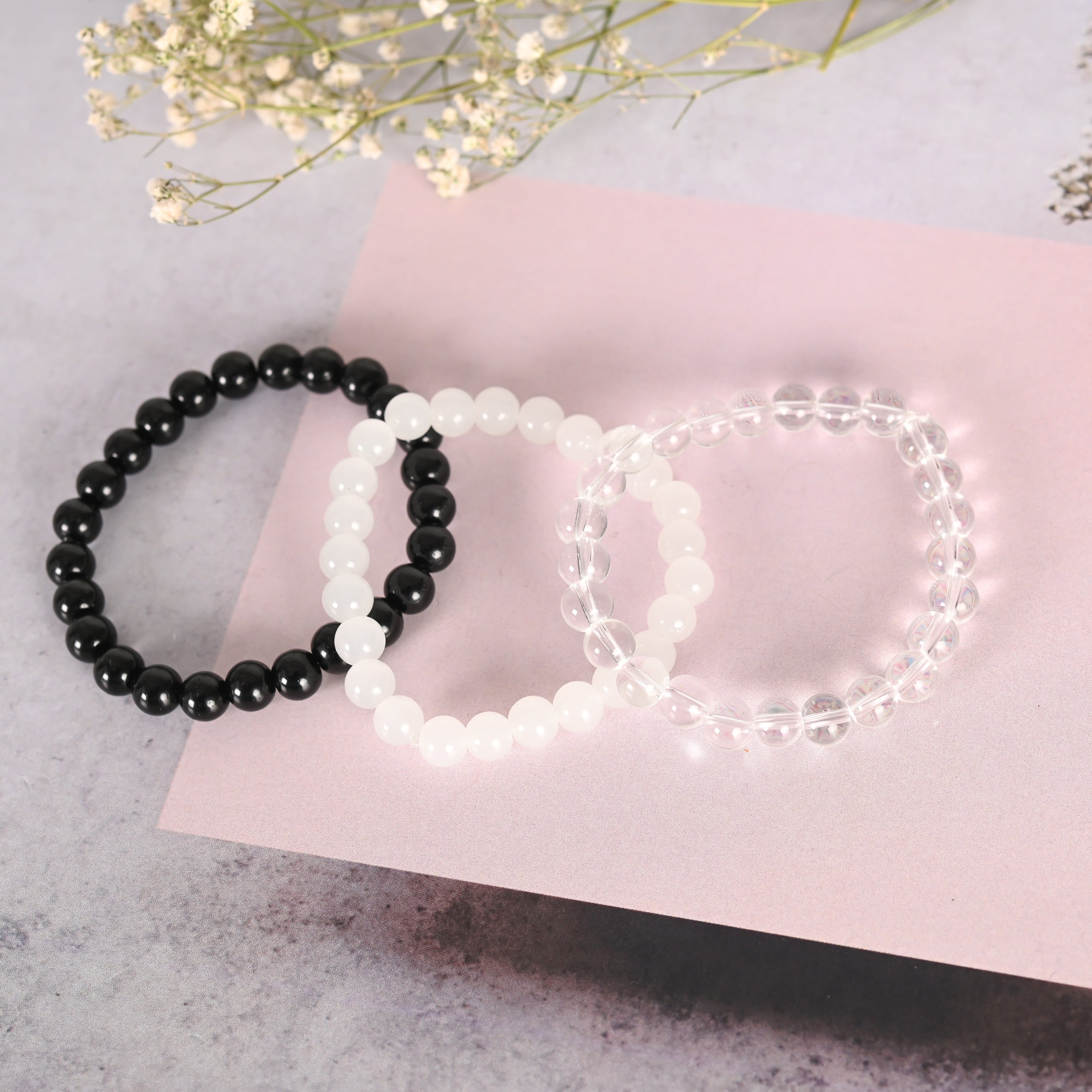 Unisex Transparent & White & Black Marbel Crystal Elasticated Bracelet