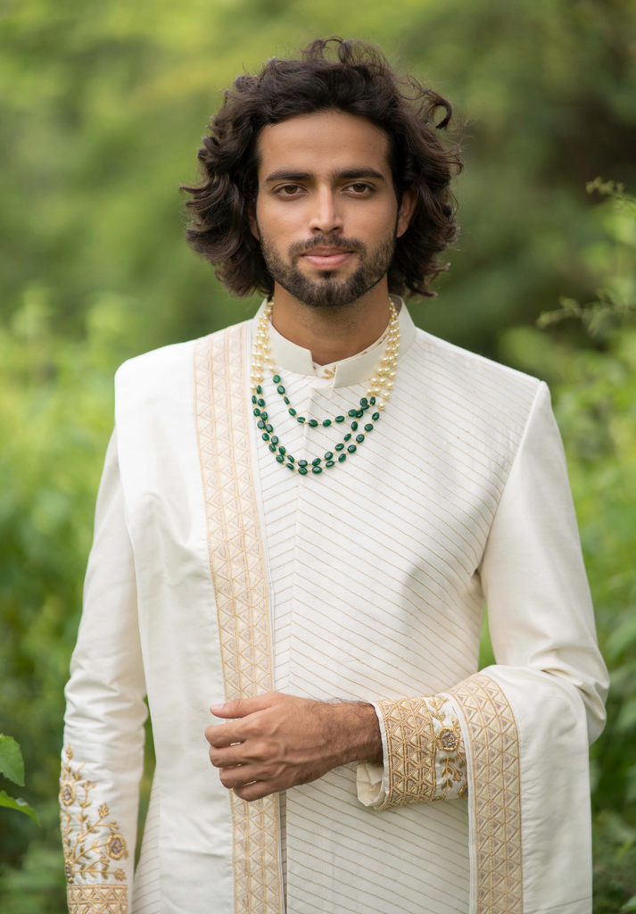 Men's Cream Gold Embroidered Sherwani