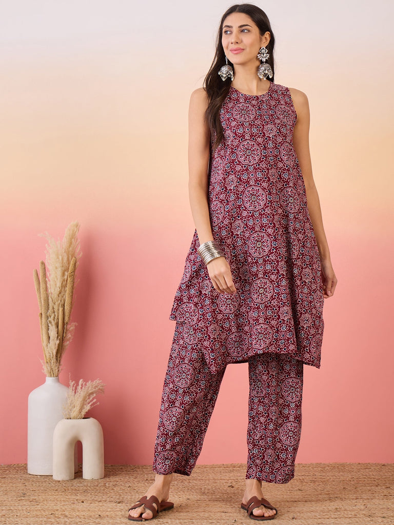 Women's Maroon Navy Ajrakh Foil Round Neck Kurta Pant Set