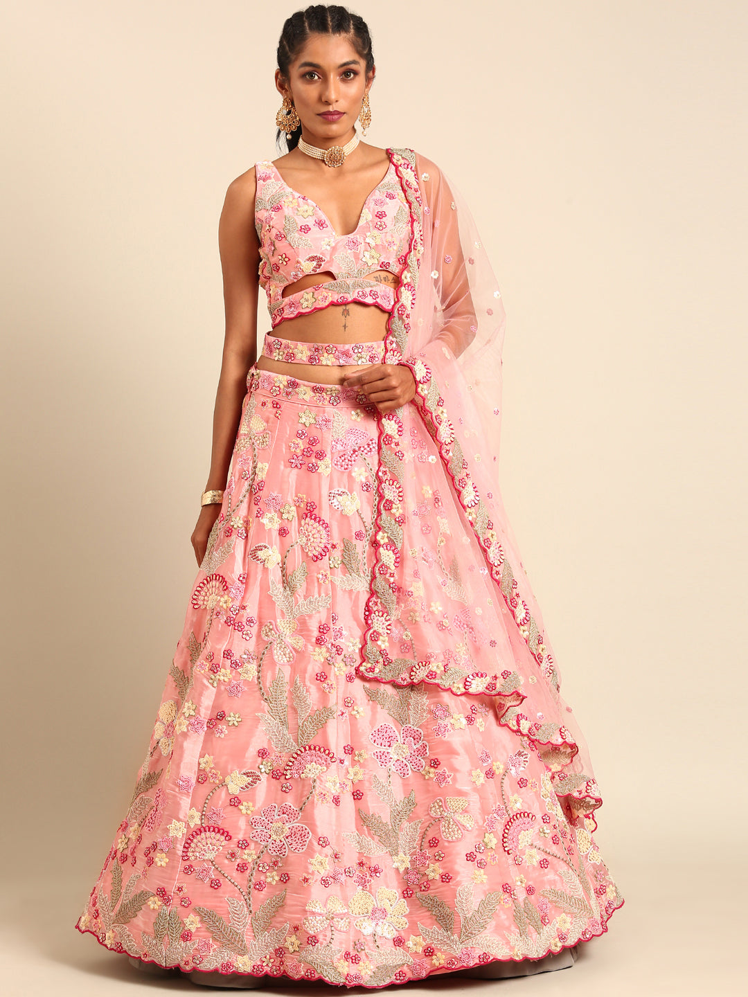 Women's Pink Organza Sequins And Zarkan Embroidery Lehenga Choli & Dupatta - Royal Dwells
