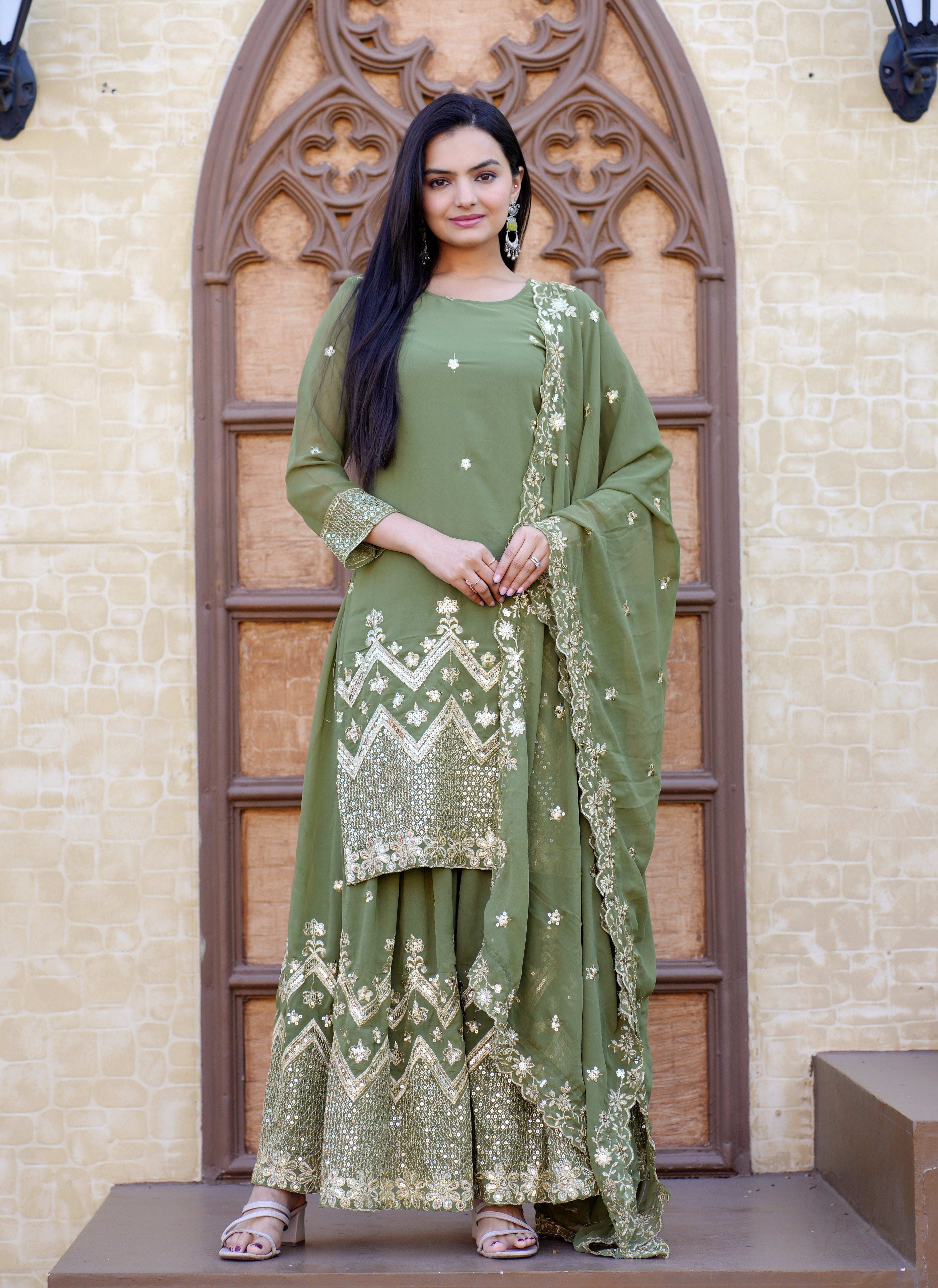 Women's Pista Georgette Embroidery Sharara Set - Harvi Trendz