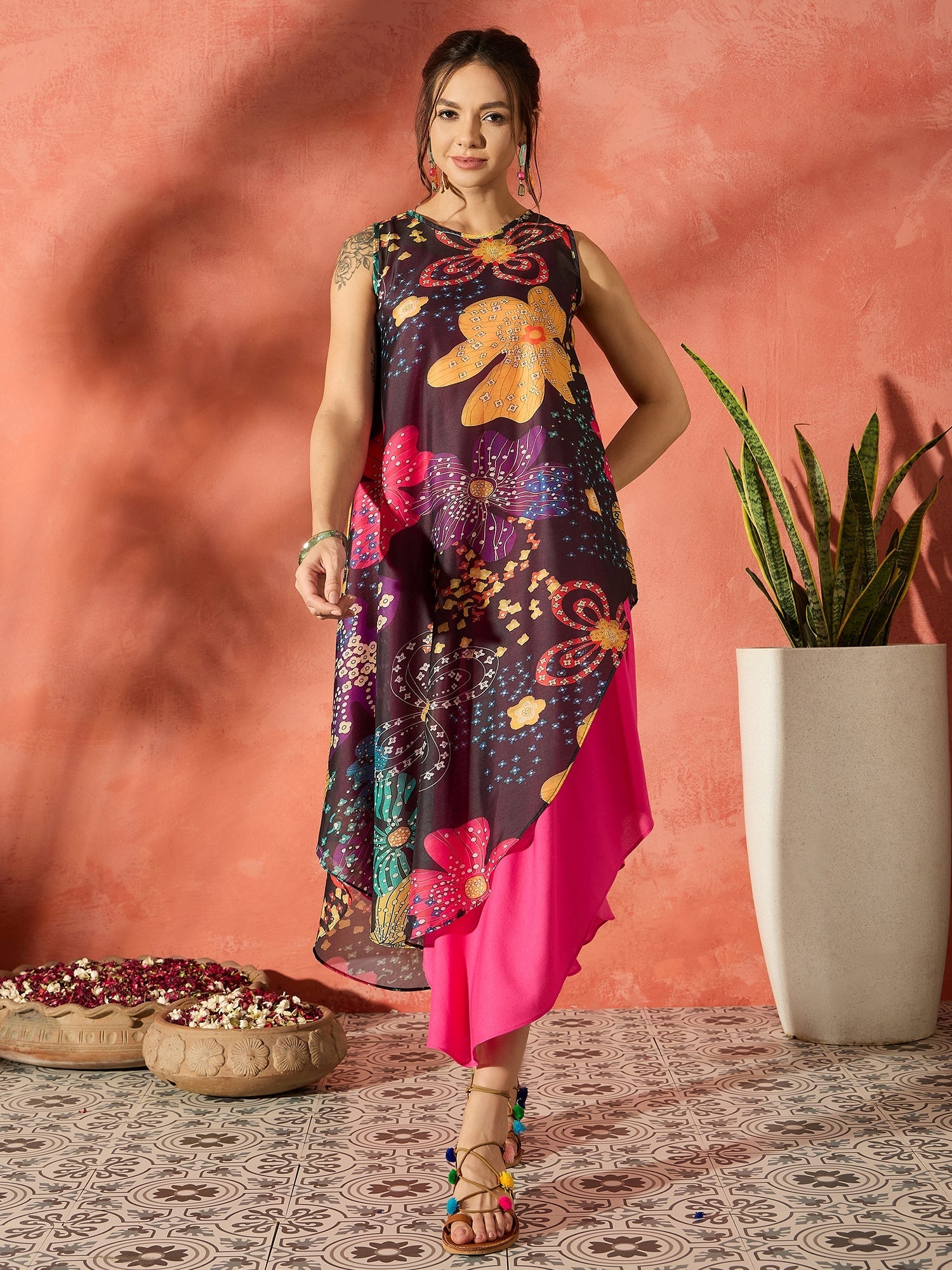 Women's Black Floral Fuchsia Asymmetrical Dress - InWeave