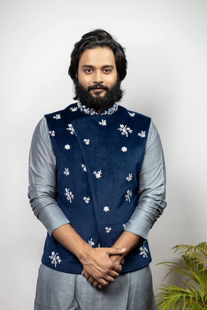 Men's Blue Color Jacket With Kurta Pant Set