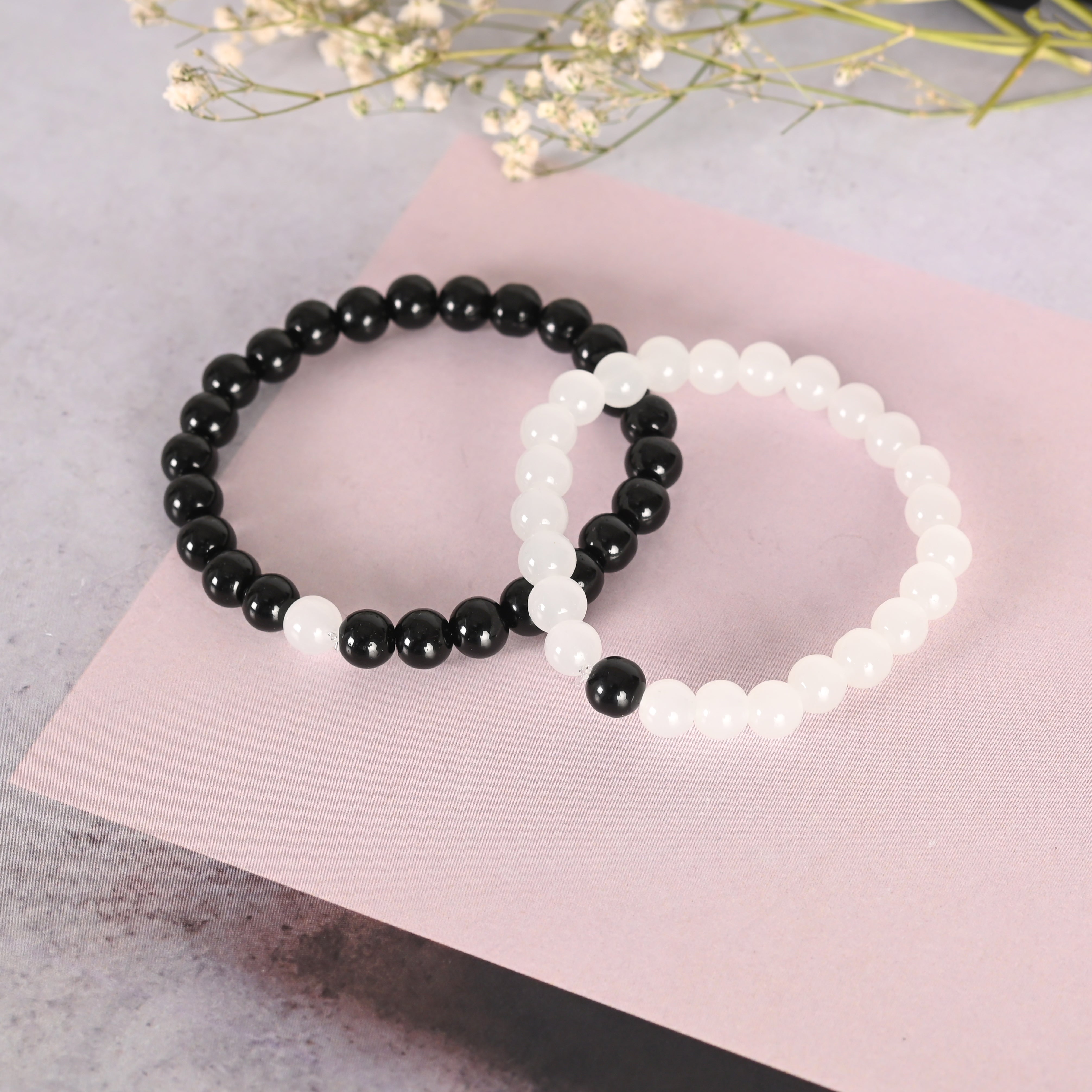 Unisex White & Black Marbel Crystal Elasticated Bracelet