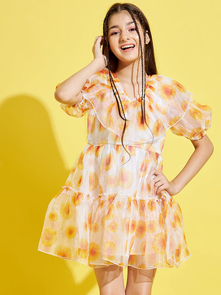 Girl's Cream Polyester Printed Dress