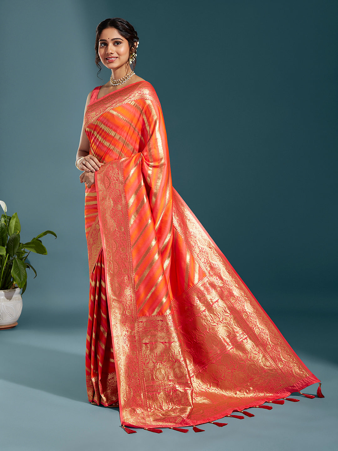 Women's Orange & Gold Satin Paisley Zari With Beautiful Leheriya Banarasi Saree - Royal Dwells