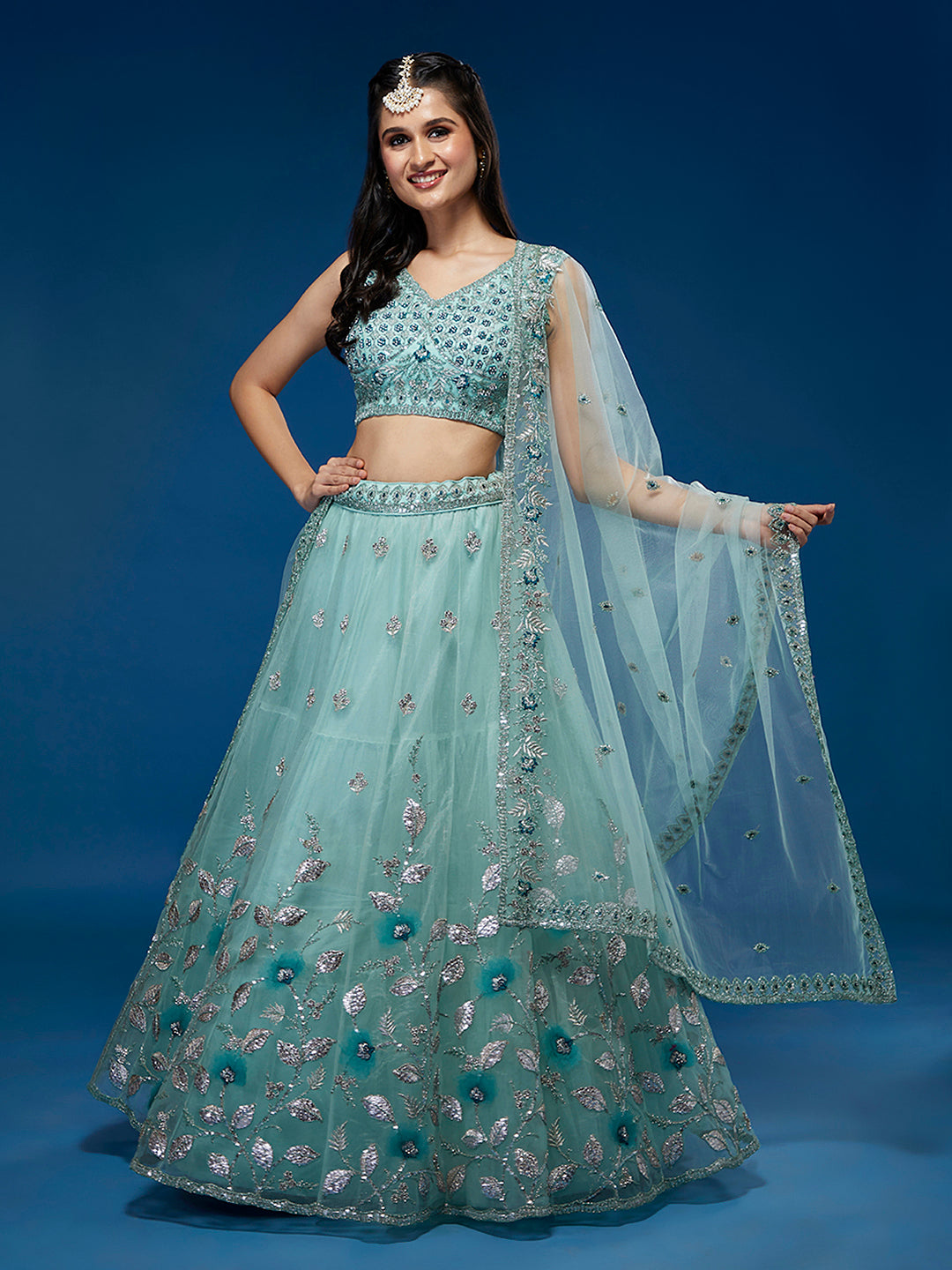 Women's Turquoise Blue Net Sequinse Embroidered Ready To Wear Lehenga & Blouse With Dupatta-Royal Dwells
