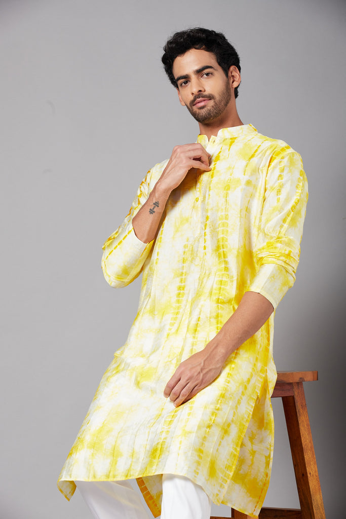 Men's Yellow & White Color Tintlo Yellow Tie & Die Kurta Semi Rawsilk Mix