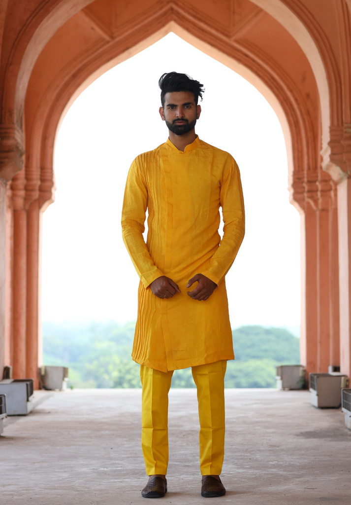 Men's Yellow Color Avar Yellow Designer Kurta Linen