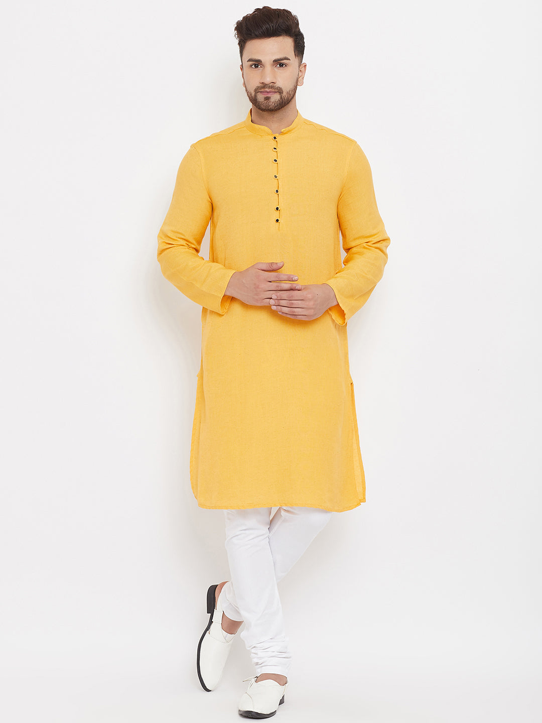 Men's Solid Yellow Placket Detail Cotton Kurta