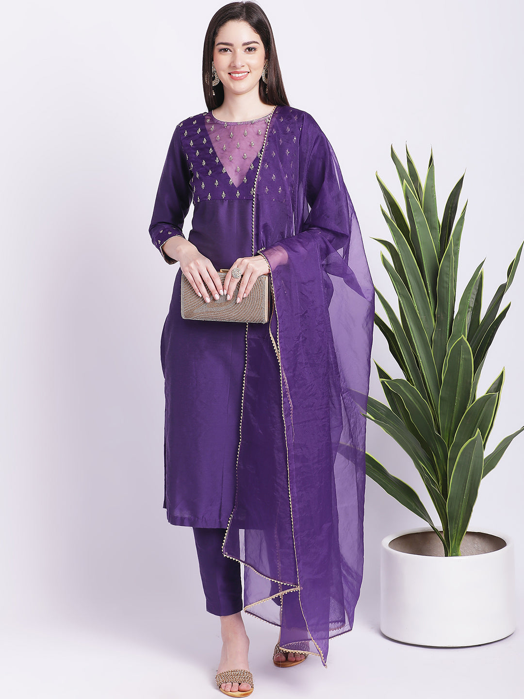 Women's Glowing Purple Straight Kurti With Straight Pants And Organza Dupatta