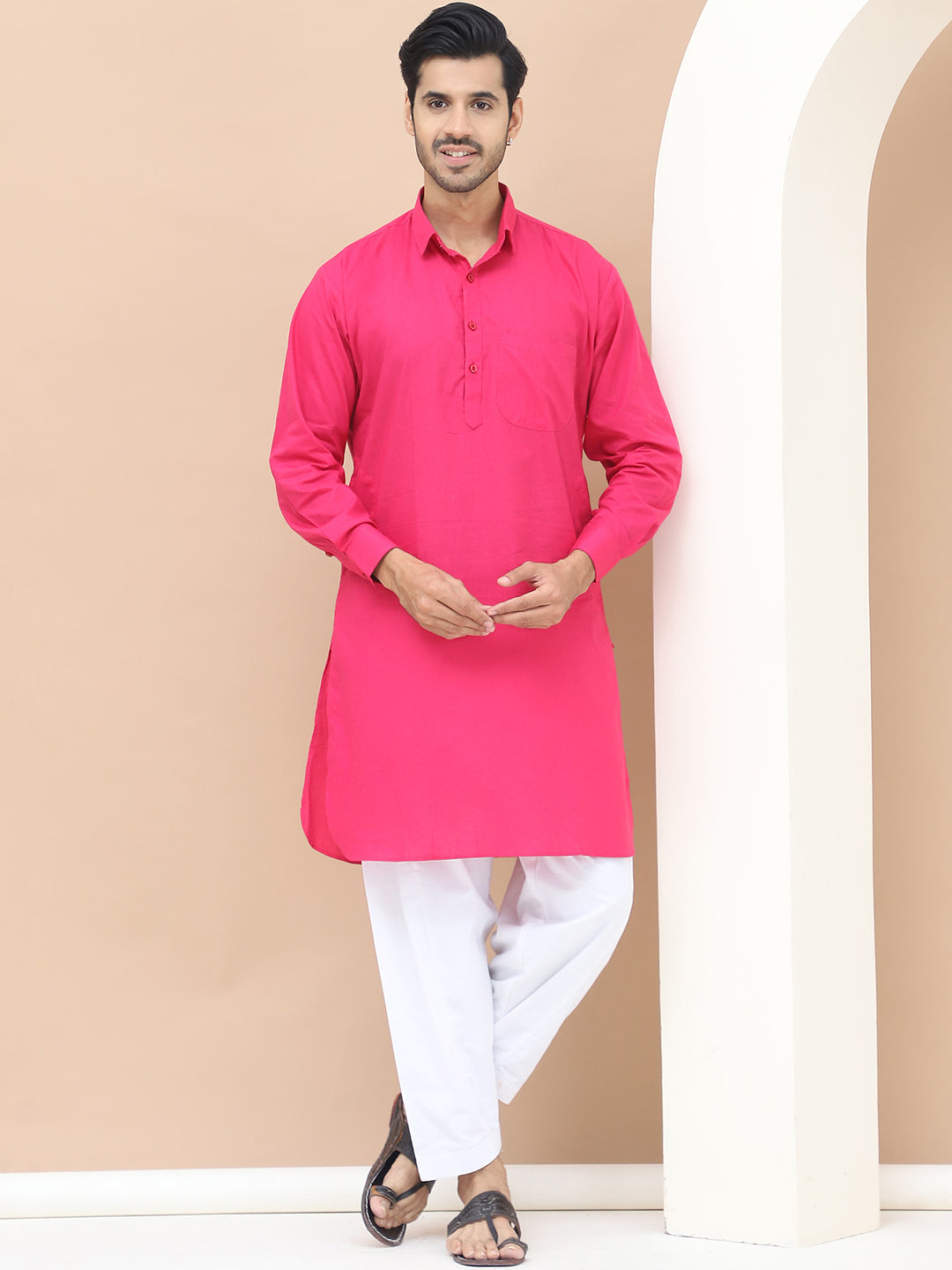 Men's  Pink Cotton Solid Kurta Set - Grage