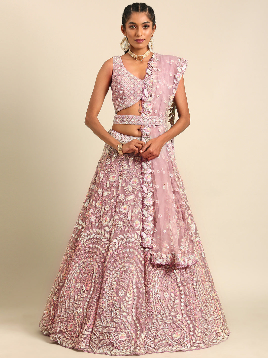 Women 's Mauve Net Multi Sequins with heavy Zarkan embroidery Ready to Wear Lehenga choli & Dupatta - Royal Dwells