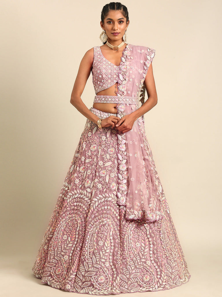 Women 's Mauve Net Multi Sequins with heavy Zarkan embroidery Ready to Wear Lehenga choli & Dupatta