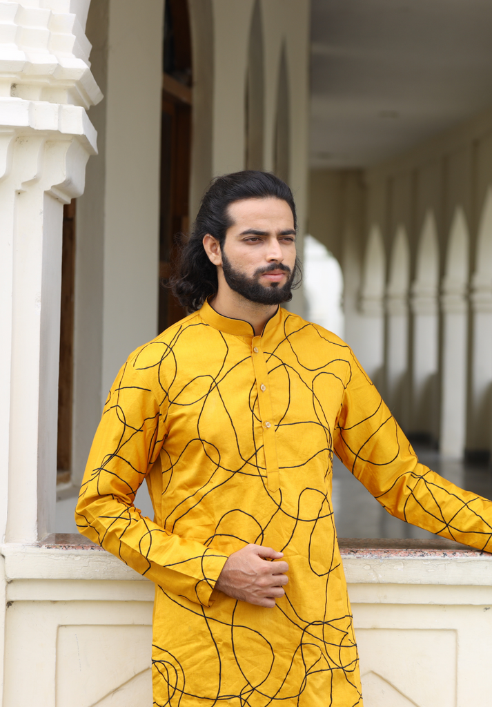 Men's Yellow Color Niran Yellow Abstract Embroidered Kurta Cotton