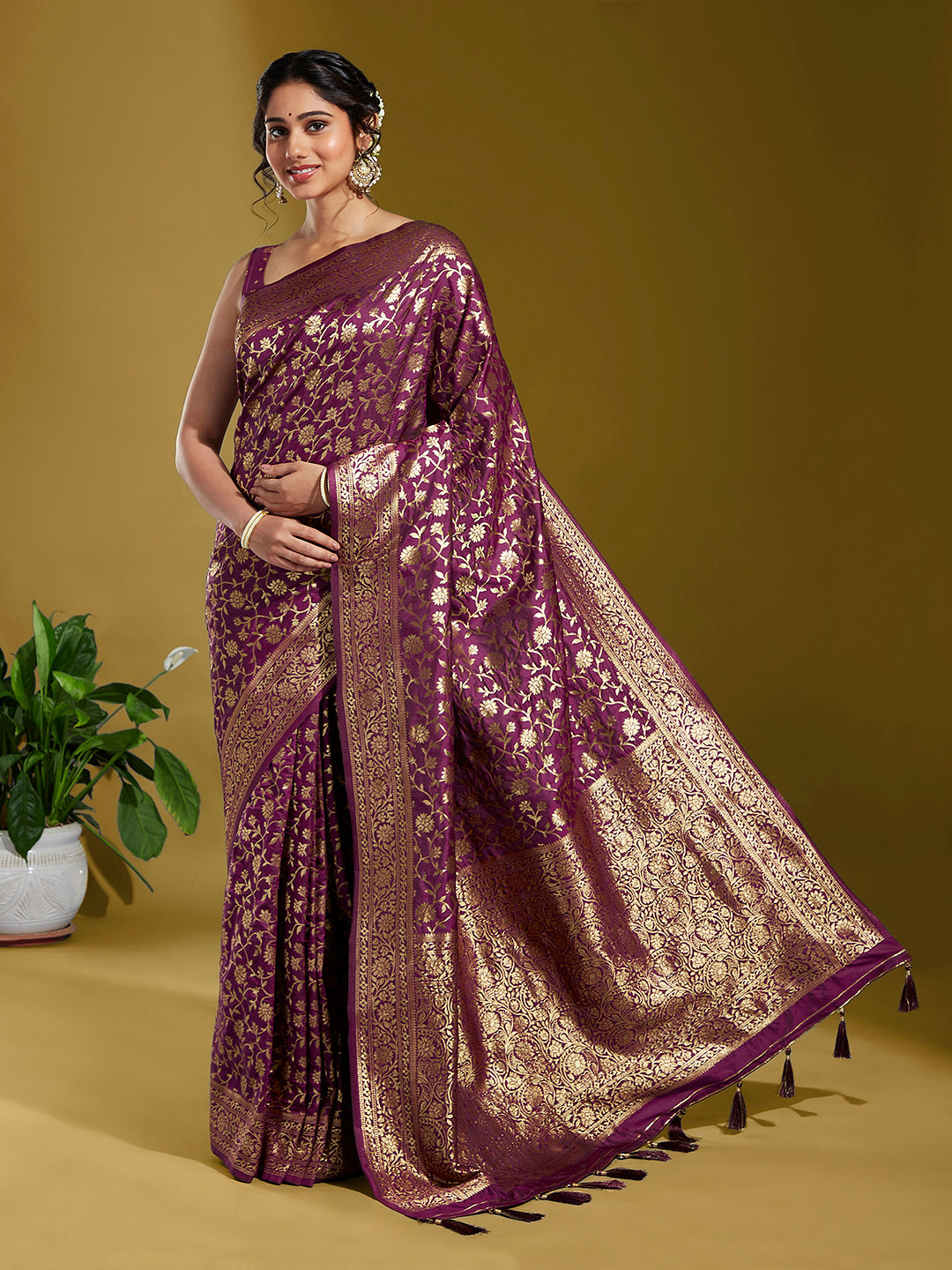 Women's Burgundy & Gold Satin Paisley Zari With Beautiful Jaal Banarasi Saree - Royal Dwells