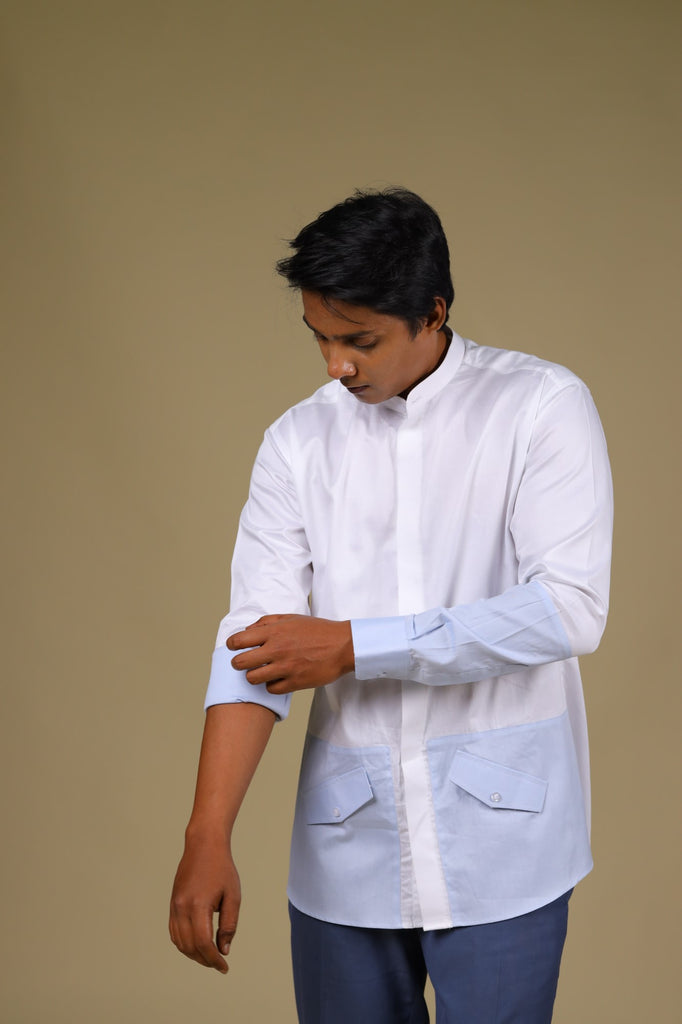 Men's White & Light Blue Color Light Sinum Shirt Full Sleeves Casual Shirt