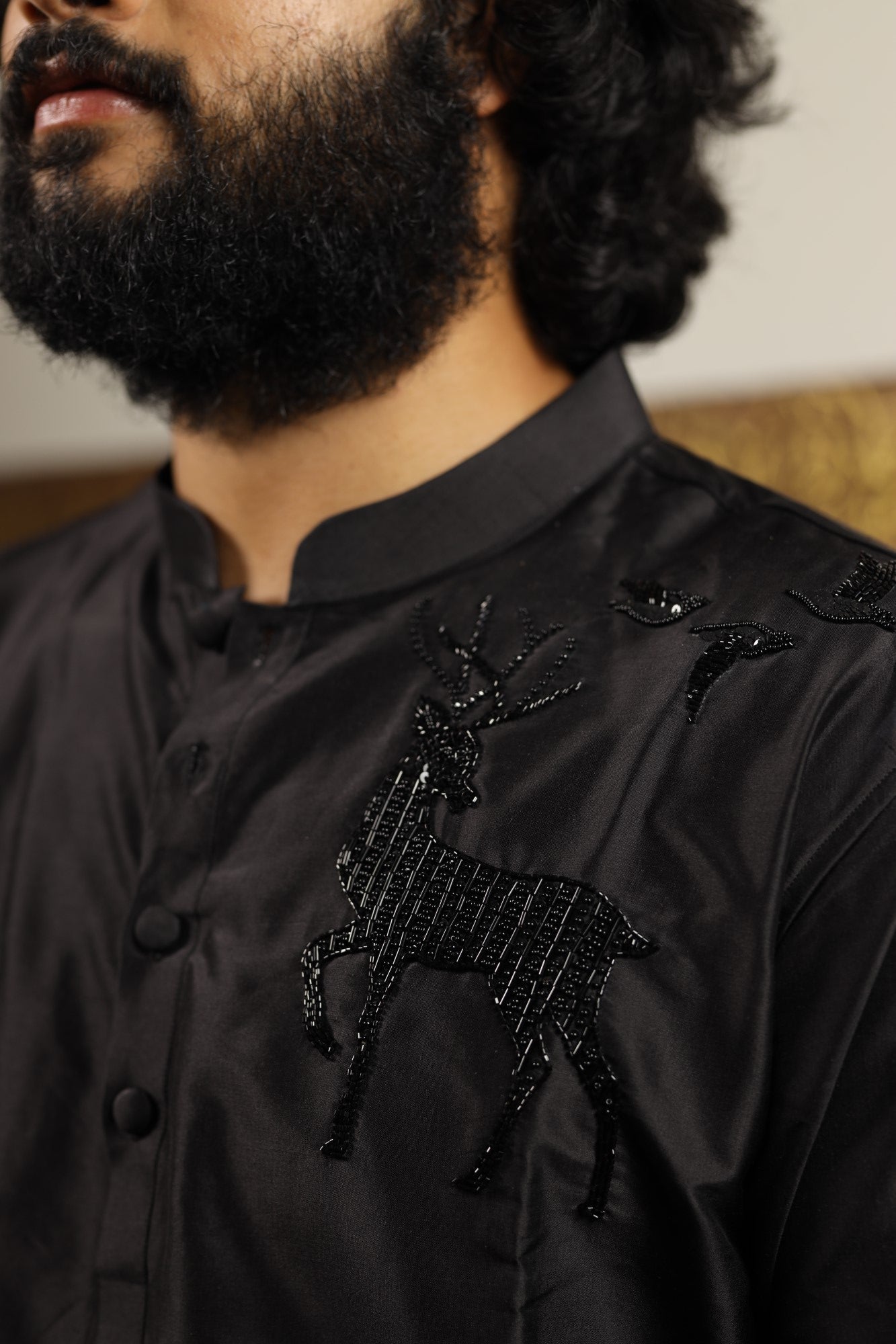Men's Black Color Solid Black Reindeer Embroidered Kurta Dupion Silk - Hilo Design