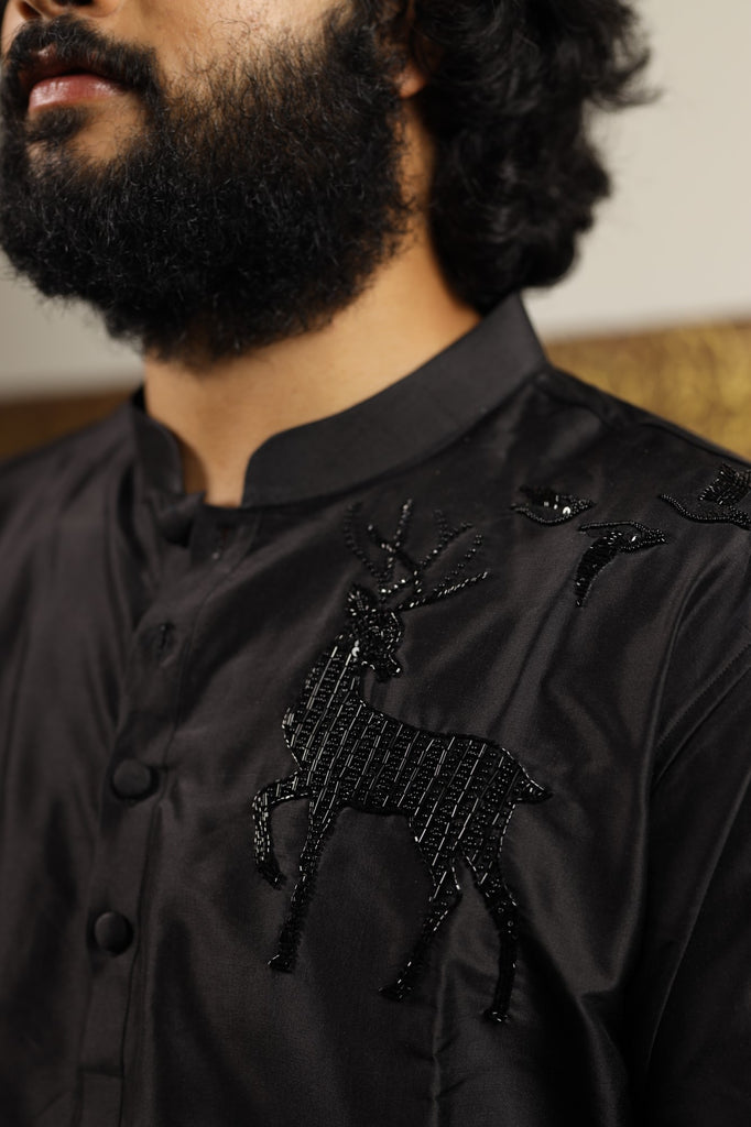 Men's Black Color Solid Black Reindeer Embroidered Kurta Dupion Silk