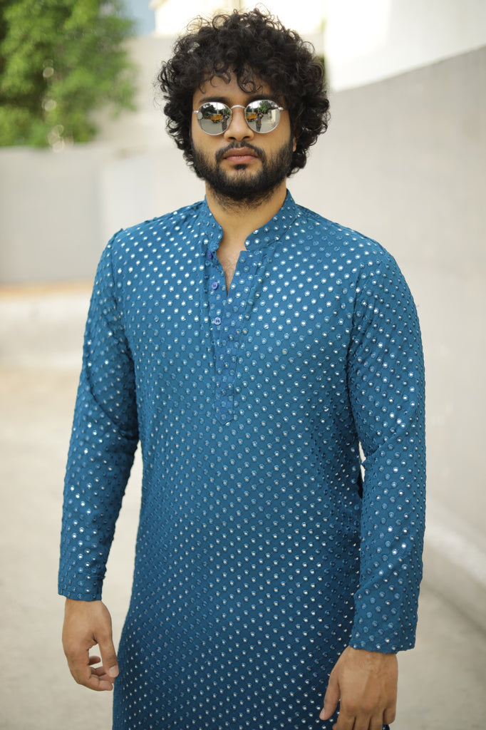 Men's Teal Blue Color Teal Blue Mirror Kurta + Patiala Pants Georgette & Santone