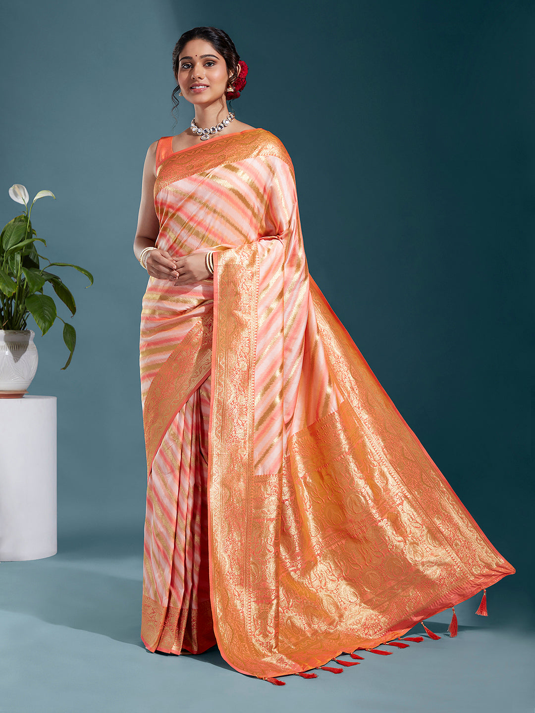 Women's Peach & Gold Satin Paisley Zari With Beautiful Leheriya Banarasi Saree - Royal Dwells