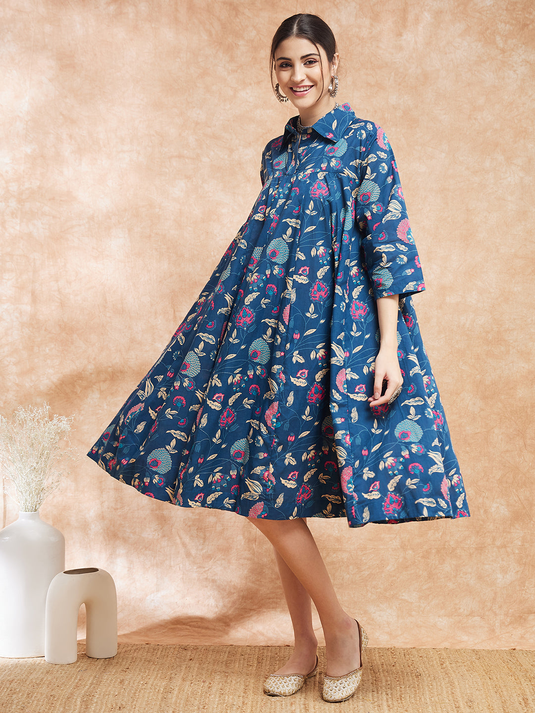 Women's Blue Pink Kalamkari Flared Dress