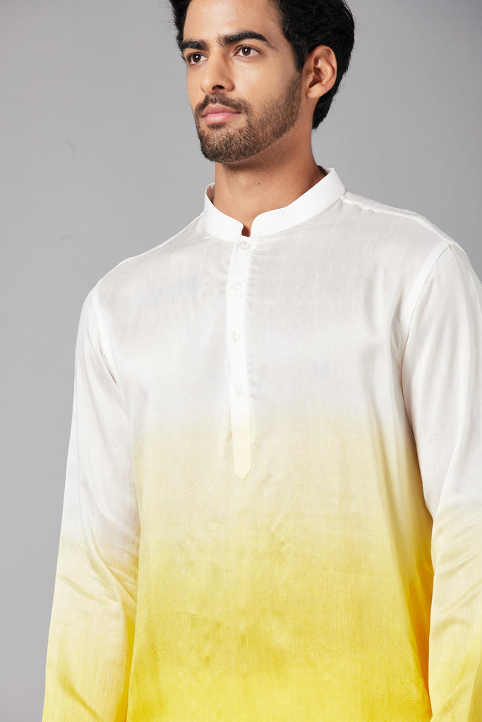 Men's White & Yellow Colorwhillombre Semi Raw Silk Mix