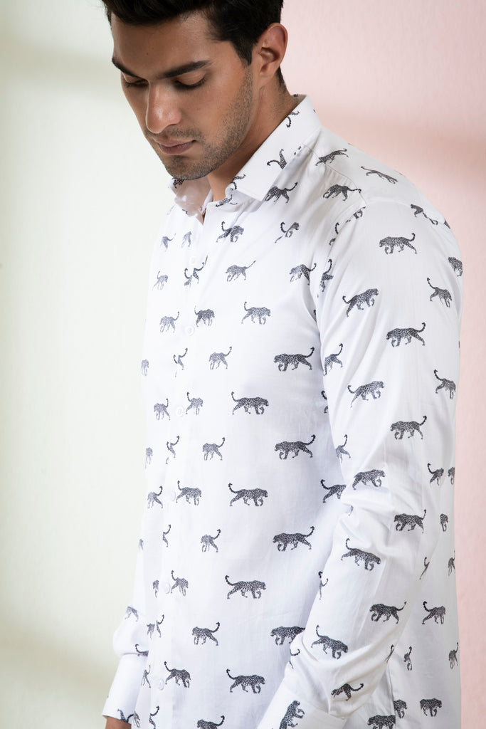 Men's White Color Feline Full Sleeves Shirt