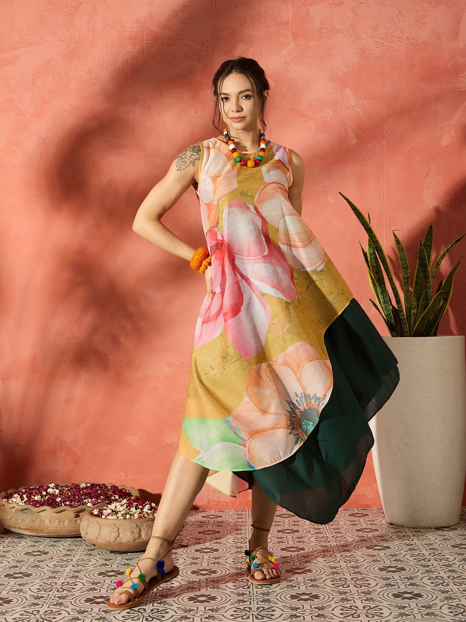 Lemon Yellow Floral Asymmetrical Dress L