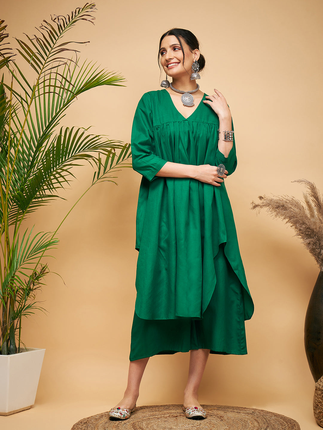 Women's Forest Green Flared Kurta Palazzo Set - InWeave