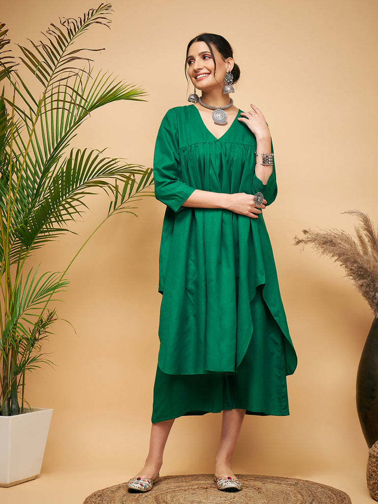 Women's Forest Green Flared Kurta Palazzo Set