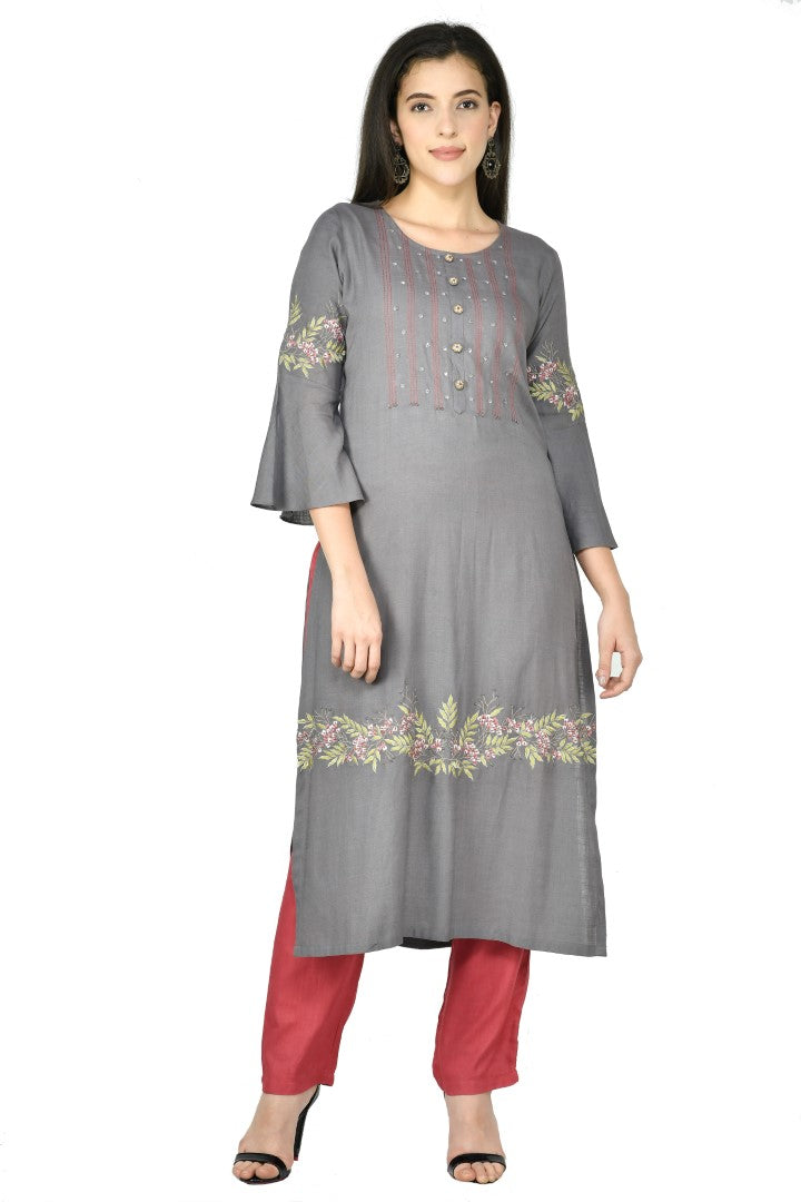 Women's Grey Cotton Rayon Embroidery Kurta Set - Joban Fashion